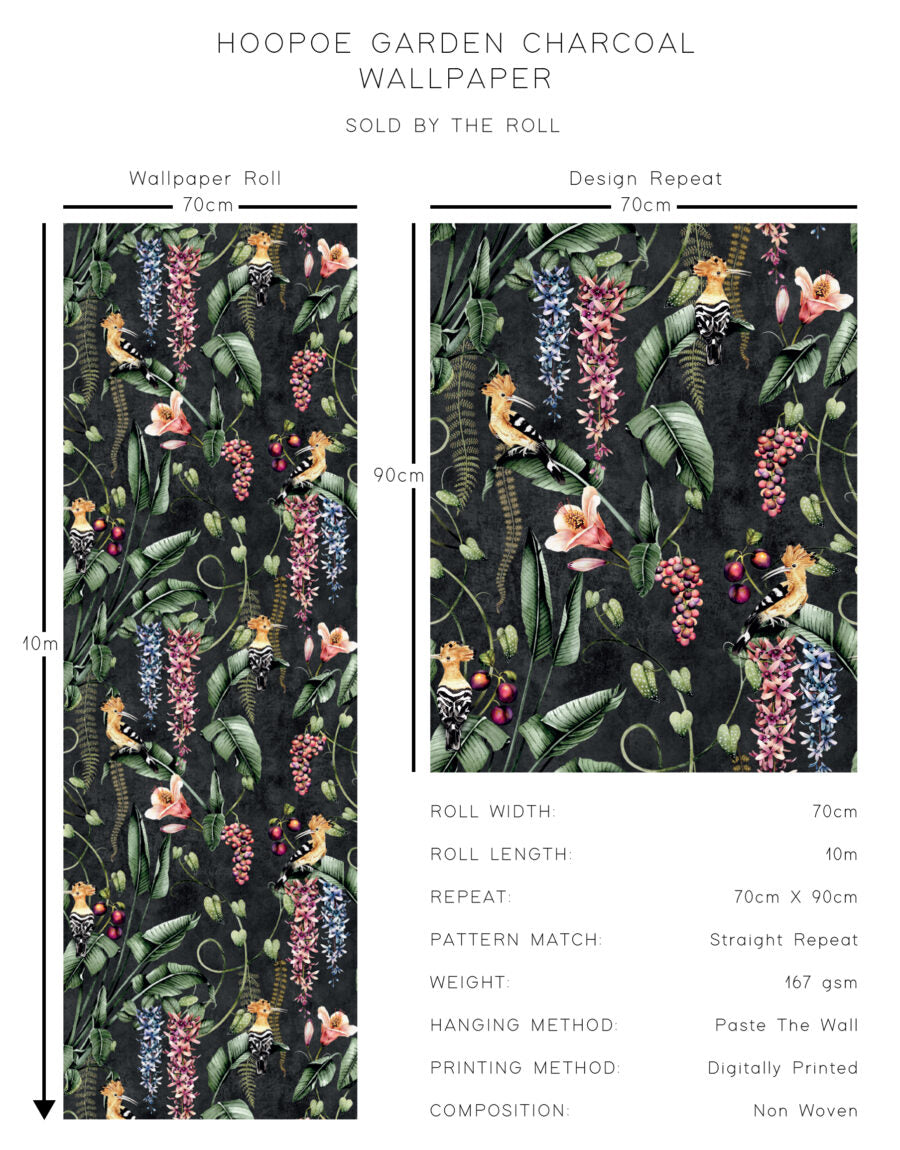 Avalana-wallpaper-Hoopoe-garden-charcoal-exotic-birds-flora-fauna-jungle-print-maximal-pattern-charloal-background
