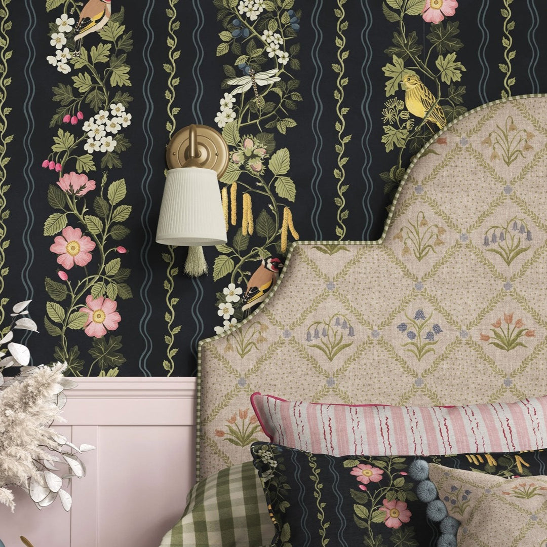 Studio-le-cocq-hedgerows-wallpaper-charcoal-bright-tones-soft-black-striped-country-style-cottage-wallpaper-birds-roses-vines-leaves