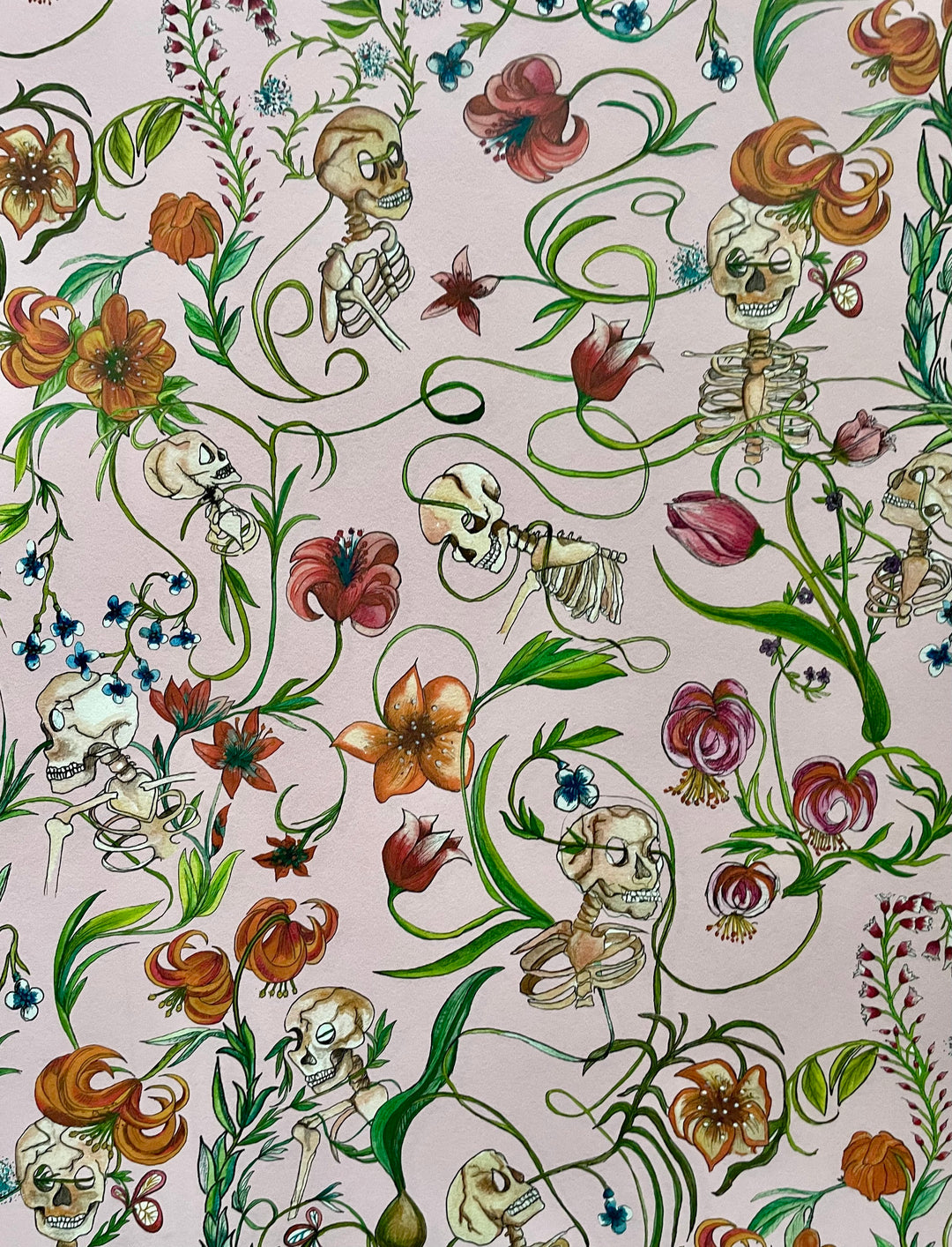 entanglement-wallpaper-skulls-skeletons-floral-vines-wallcovering-jojo-trixie-pink