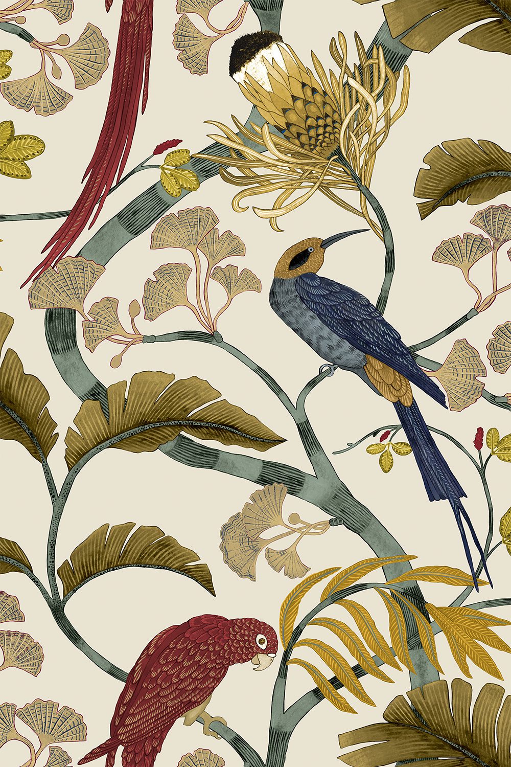 Josephine-Munsey-Living-Branches-WallpaperRed-Turquoise-Ecru-Parakkets-Birds-Jungle-Foliage-leaves-cream-background-earthy-colours-Jundle-illustration-British-Designer-wallpaper