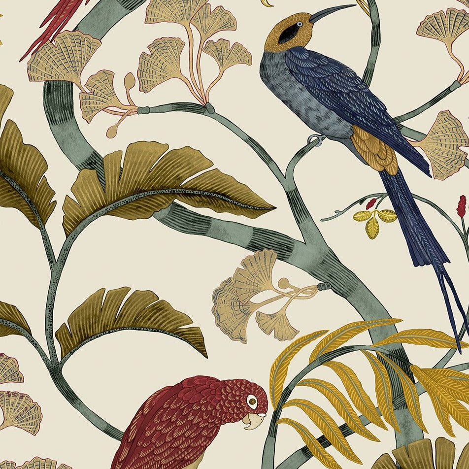 Josephine-Munsey-Living-Branches-WallpaperRed-Turquoise-Ecru-Parakkets-Birds-Jungle-Foliage-leaves-cream-background-earthy-colours-Jundle-illustration-British-Designer-wallpaper
