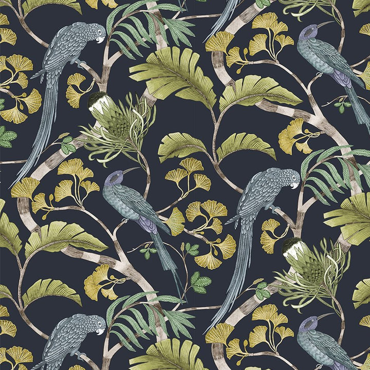 Josephine-Munsey-Living-Branches-wallpaper-Petra-and-Greens-botanical-print-flora-fauna-parakeet-leaves-ginko-jungle-dark-blue-background-lime-teal-birds