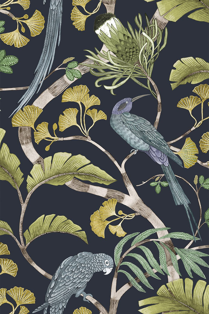 Josephine-Munsey-Living-Branches-wallpaper-Petra-and-Greens-botanical-print-flora-fauna-parakeet-leaves-ginko-jungle-dark-blue-background-lime-teal-birds