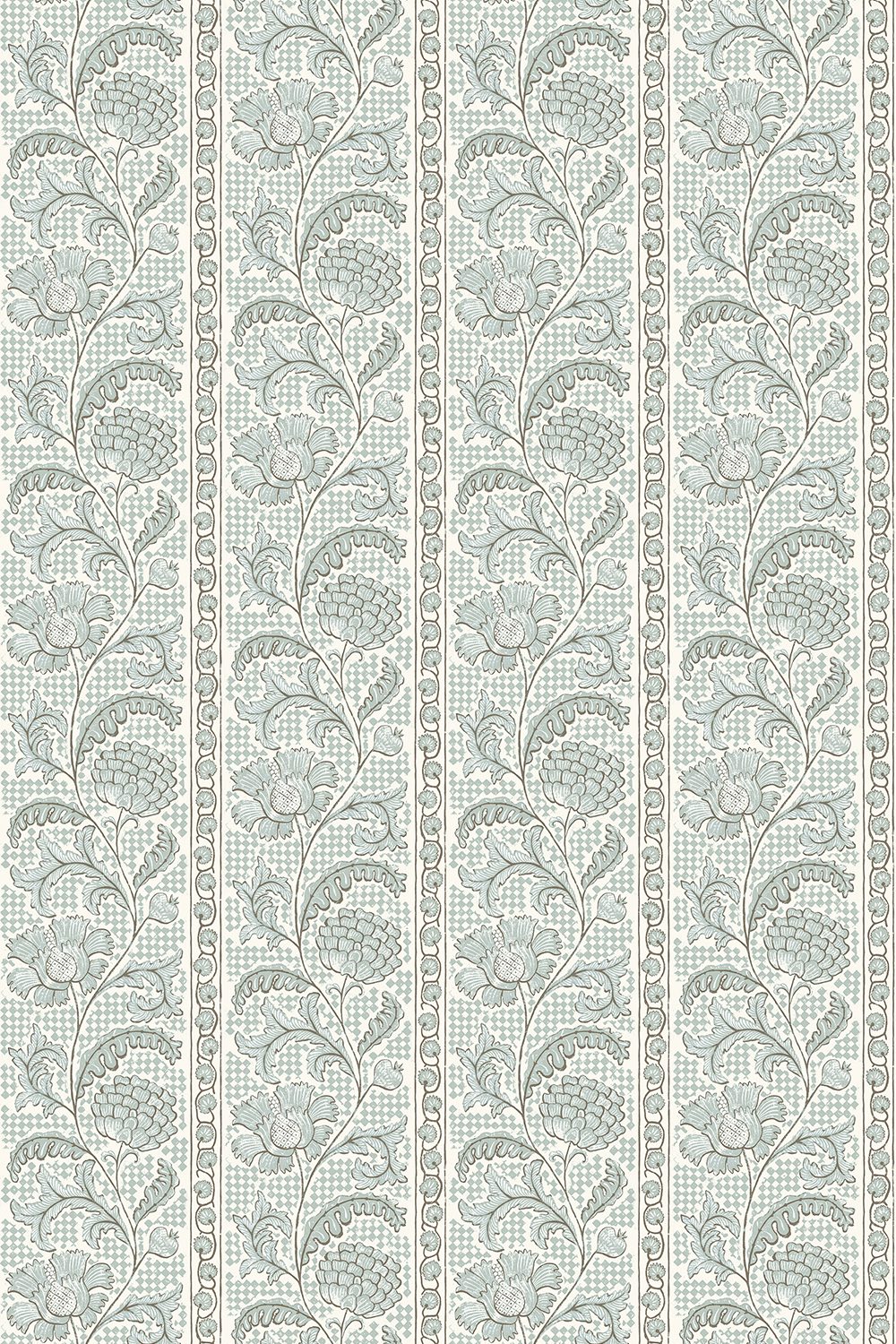 Josephine-Munsey-Floral-Check-Wallpaper-Barton-Blue-Cotswold-White-trailing-floral-stripes-against-checkered-background-off-white-soft-blue-traditional-cottage-style-British-Designer-hand-painted-printed