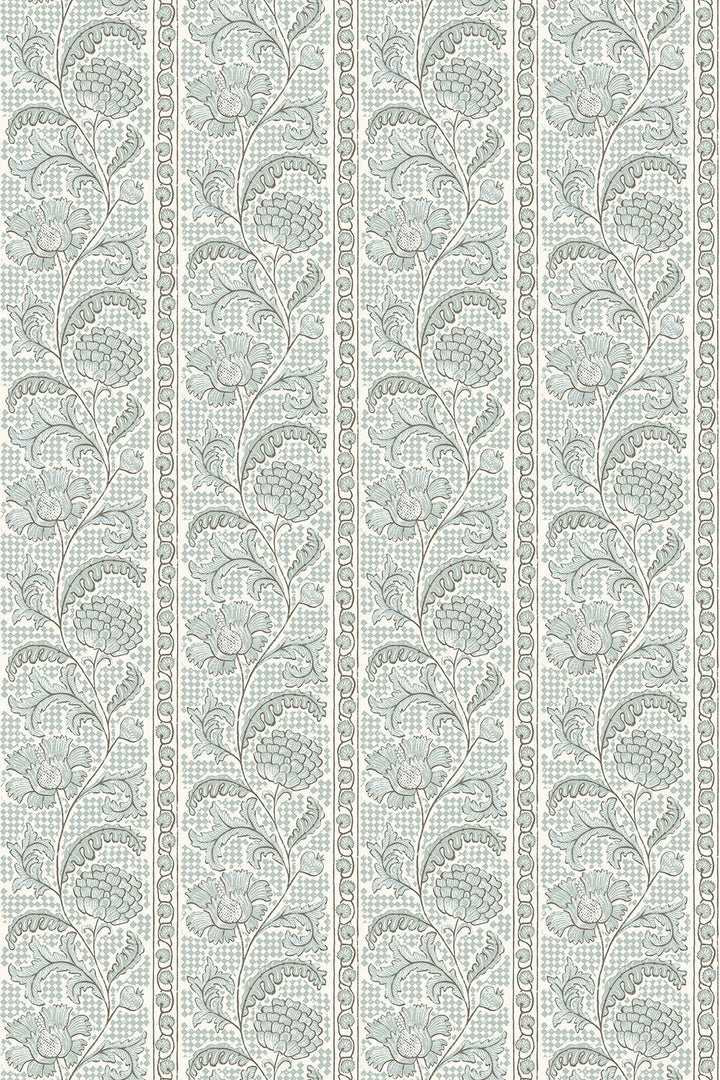 Josephine-Munsey-Floral-Check-Wallpaper-Barton-Blue-Cotswold-White-trailing-floral-stripes-against-checkered-background-off-white-soft-blue-traditional-cottage-style-British-Designer-hand-painted-printed