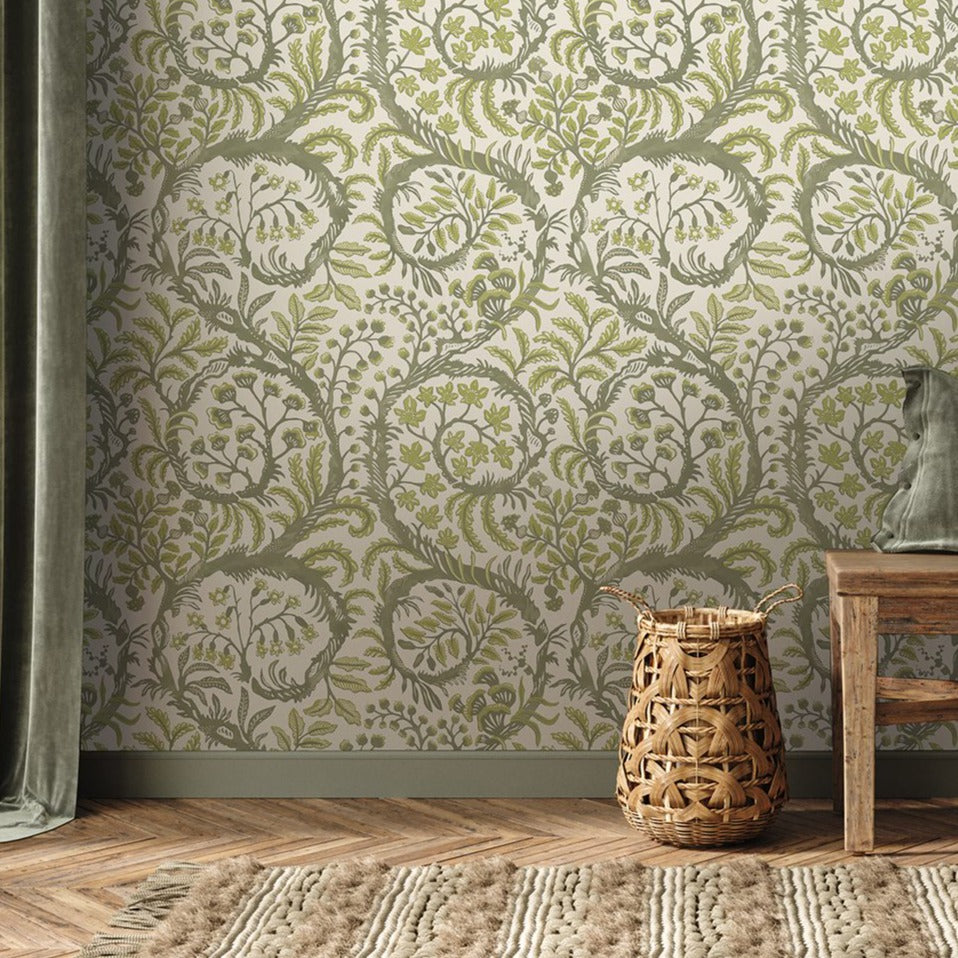 Josephine-munsey-wallpaper-butterrow-trailing-foliage-twisted-floral-fauna-shell-shapes-green
