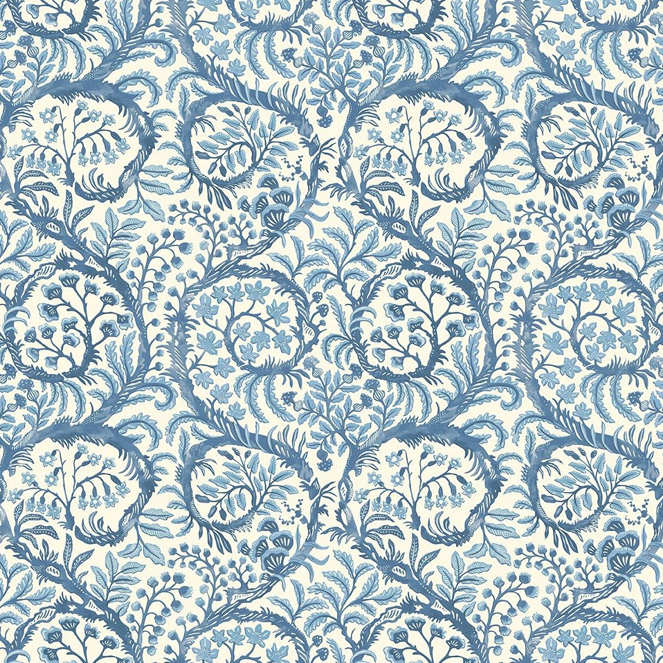 Josephine-Munsey-wallpaper=Butterrrow-bright-blue-white-taiing-foliage-botanical-classic-print-wallpaper  