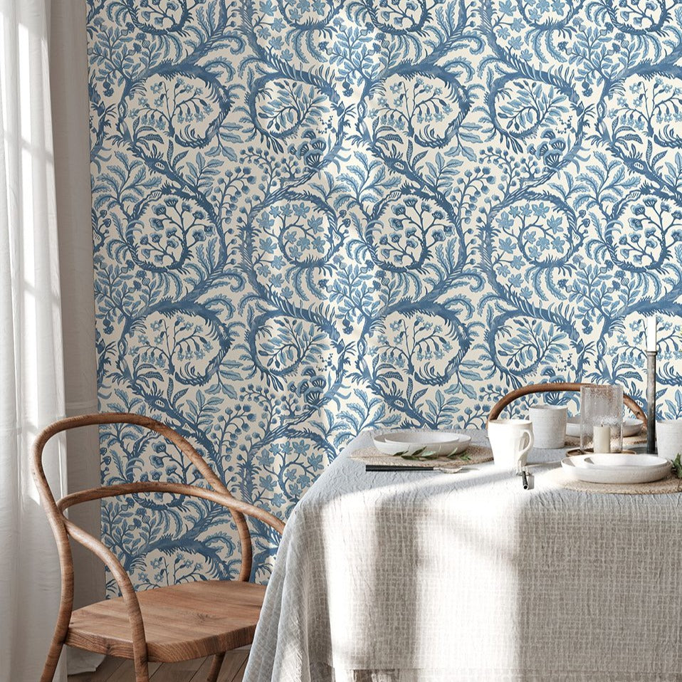 Josephine-Munsey-wallpaper=Butterrrow-bright-blue-white-taiing-foliage-botanical-classic-print-wallpaper