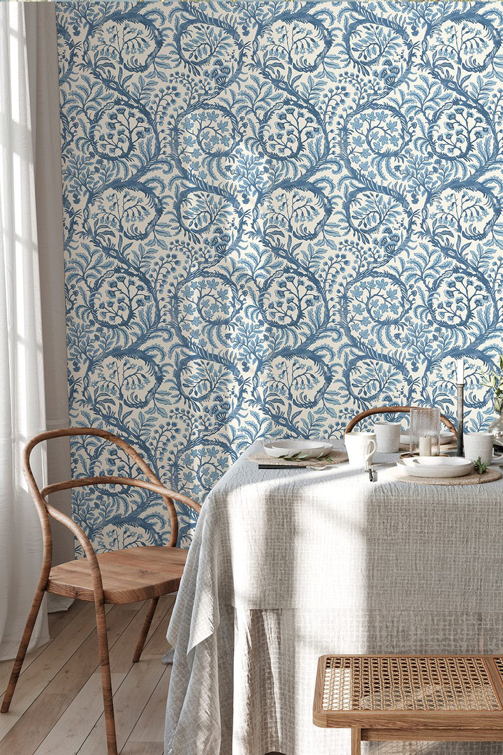 Josephine-Munsey-wallpaper=Butterrrow-bright-blue-white-taiing-foliage-botanical-classic-print-wallpaper
