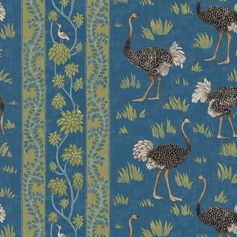 Josephine-munsey-ostrich-stripe-wallpaper-bright-blue-green-stripes-foliage-birds-hand-painted