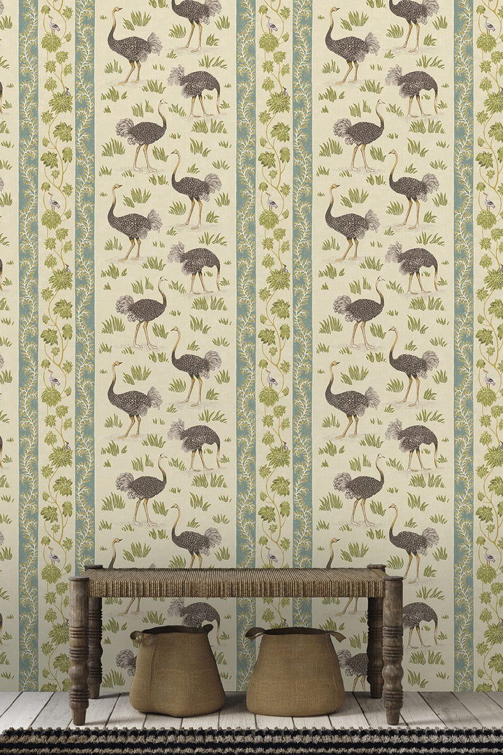 Ostrich Stripe Wallpaper in Khaki and Green