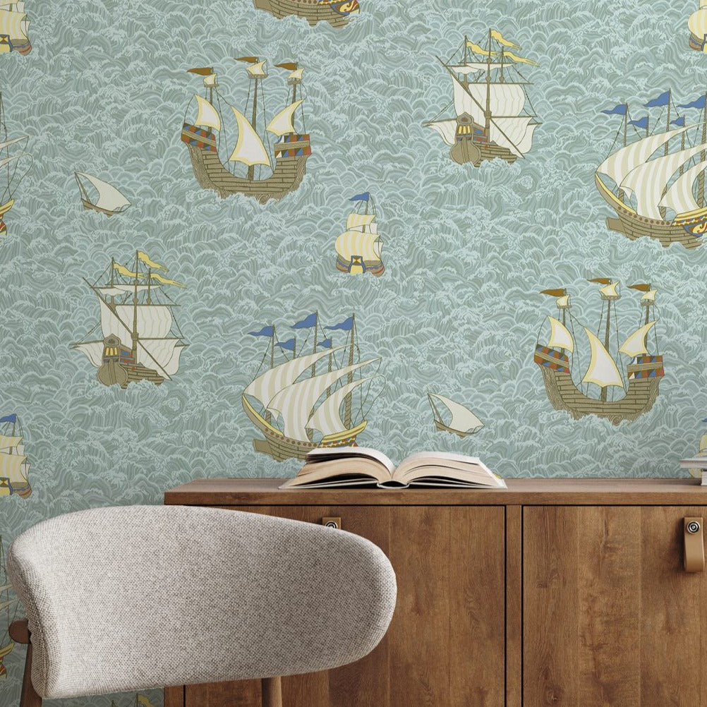 joesphine-munsey-wallpaper-ships-light-blue-hand-illustrated-images-viking-ship-vintage-style-paper-light-blue-waves-sails