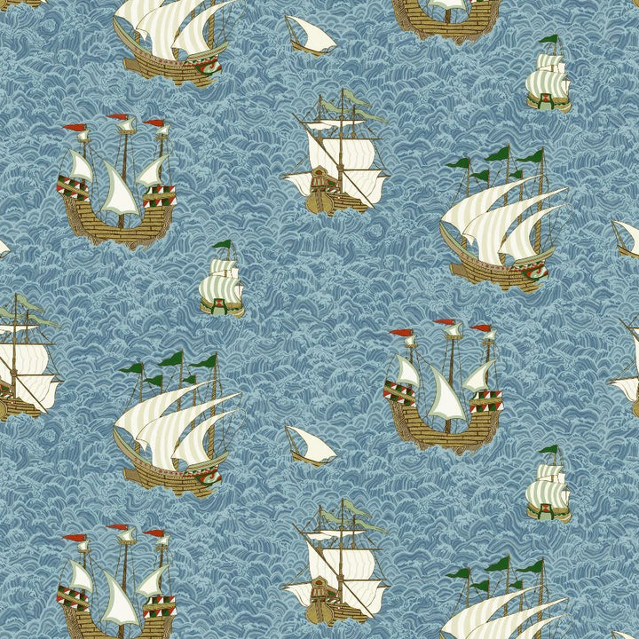 Josephine-Munsey-wallpaper-sea-blue-JMW1033.11.0-hand-illustrated-viking-ships-waves-sea-vintage-children's-wallpaper