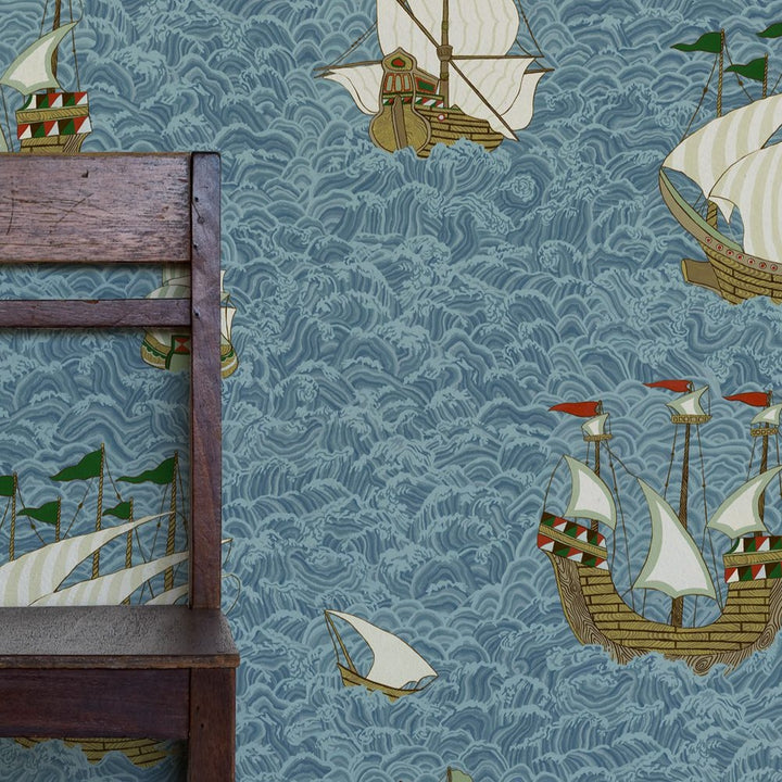 Josephine-Munsey-wallpaper-sea-blue-JMW1033.11.0-hand-illustrated-viking-ships-waves-sea-vintage-children's-wallpaper 