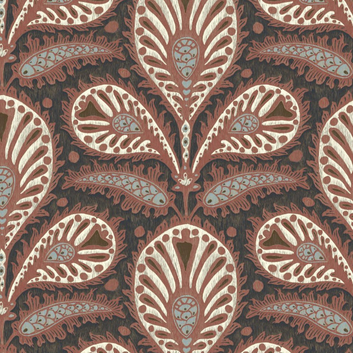 Josephine-Munsey-Ikat-clover-wallpaper-large-scale-ogee-shape-design-foliage-print-paisley-pattern-four-colour-print-red-and-ink 