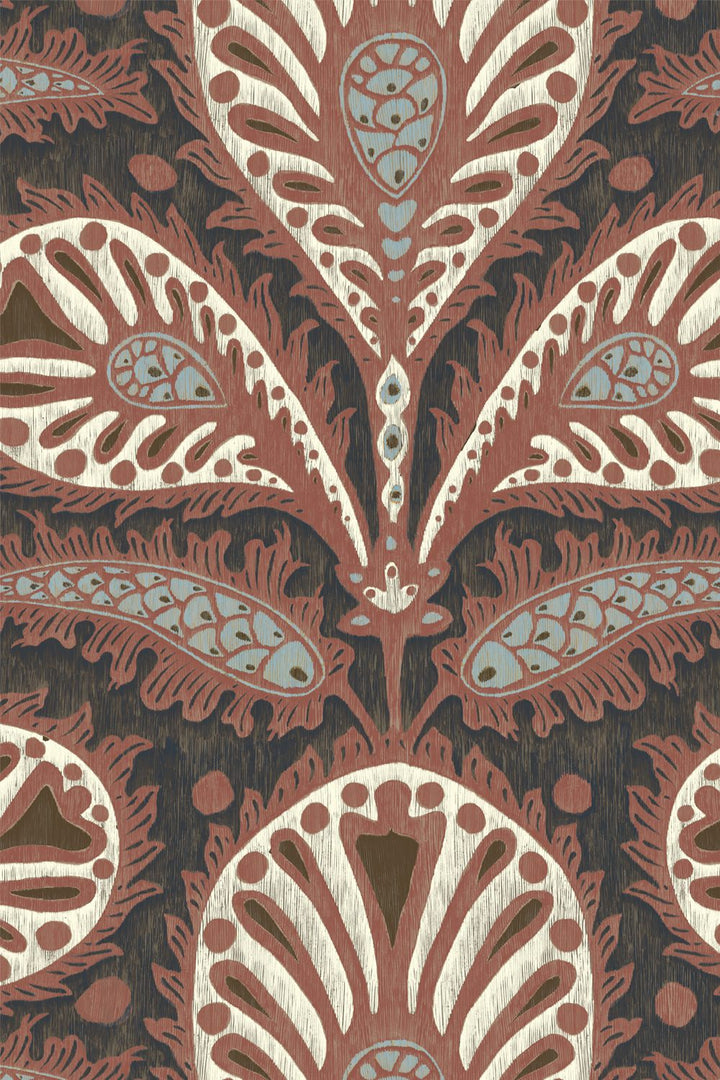 Josephine-Munsey-Ikat-clover-wallpaper-large-scale-ogee-shape-design-foliage-print-paisley-pattern-four-colour-print-red-and-ink