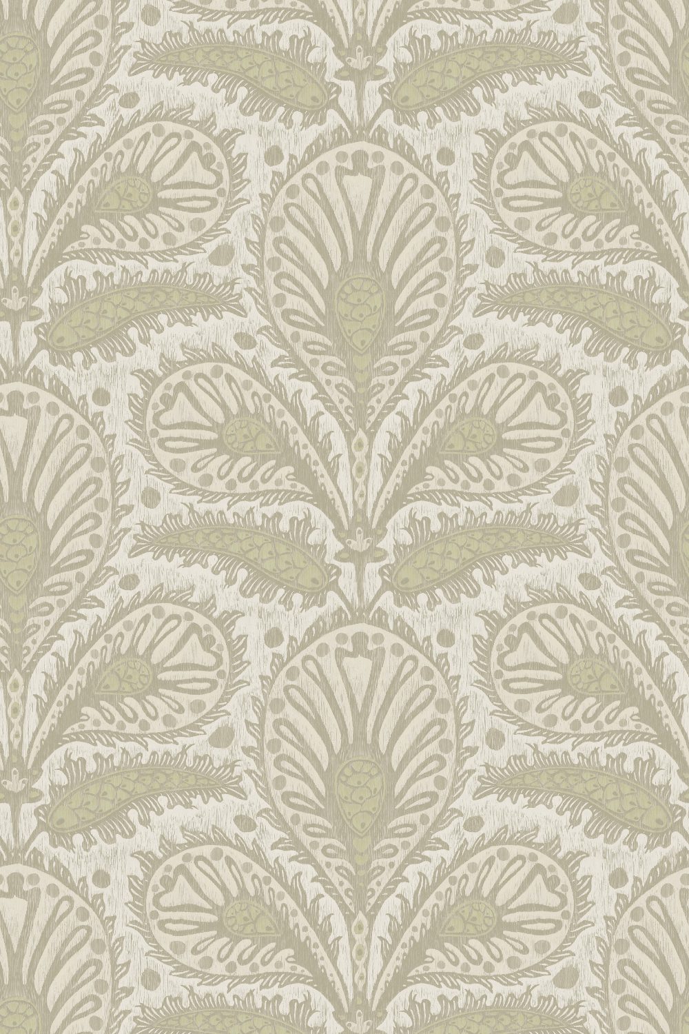 Josephine-Munsey-Ikat-clover-wallpaper-large-scale-ogee-shape-design-foliage-print-paisley-pattern-four-colour-print-sage