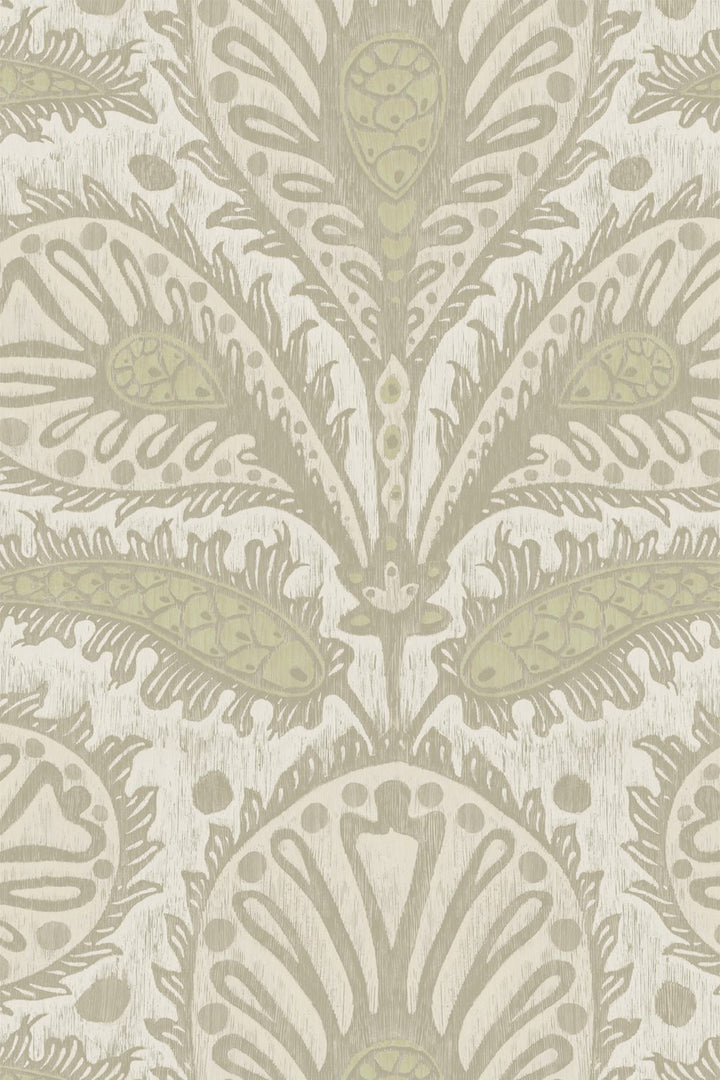 Josephine-Munsey-Ikat-clover-wallpaper-large-scale-ogee-shape-design-foliage-print-paisley-pattern-four-colour-print-Brown