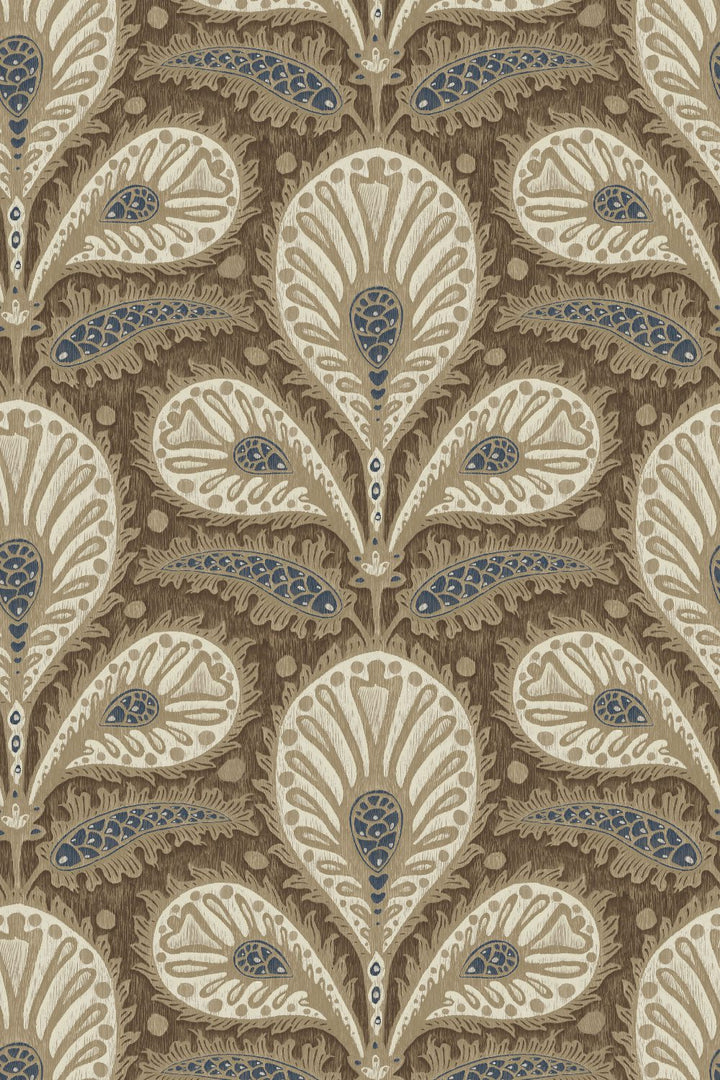 Josephine-Munsey-Ikat-clover-wallpaper-large-scale-ogee-shape-design-foliage-print-paisley-pattern-four-colour-print-blue-and-yellow