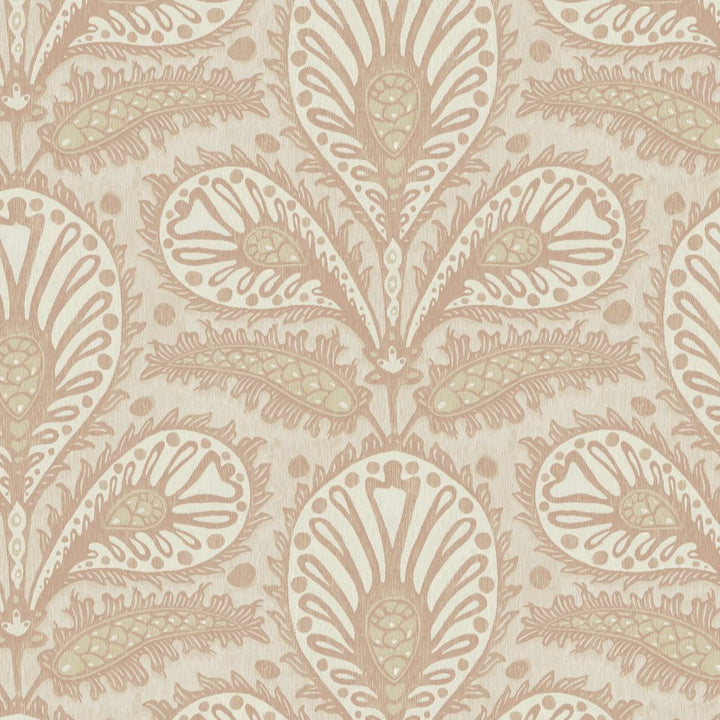 Josephine-Munsey-Ikat-clover-wallpaper-large-scale-ogee-shape-design-foliage-print-paisley-pattern-four-colour-print-plaster-pink