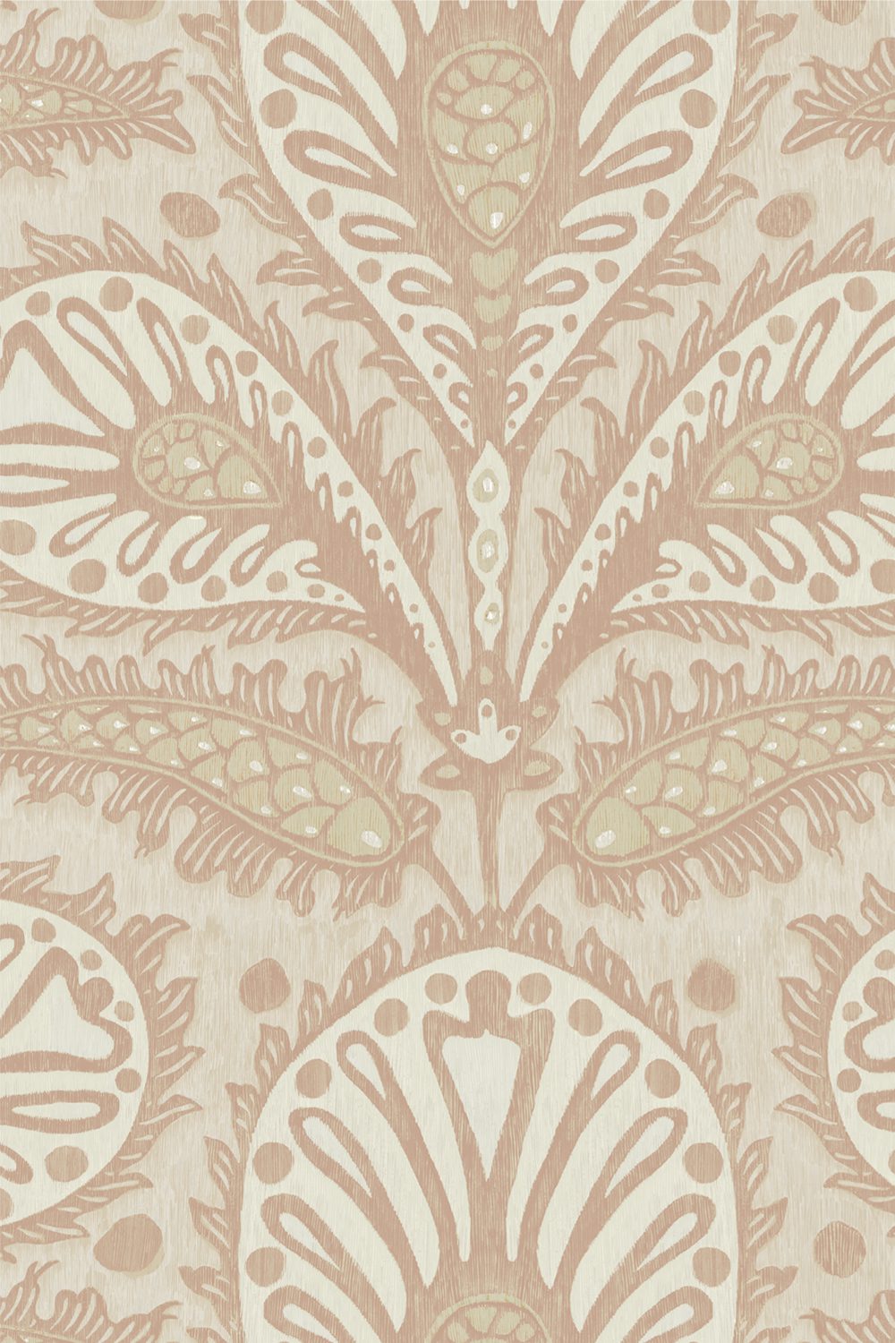 Josephine-Munsey-Ikat-clover-wallpaper-large-scale-ogee-shape-design-foliage-print-paisley-pattern-four-colour-print-plaster-pink