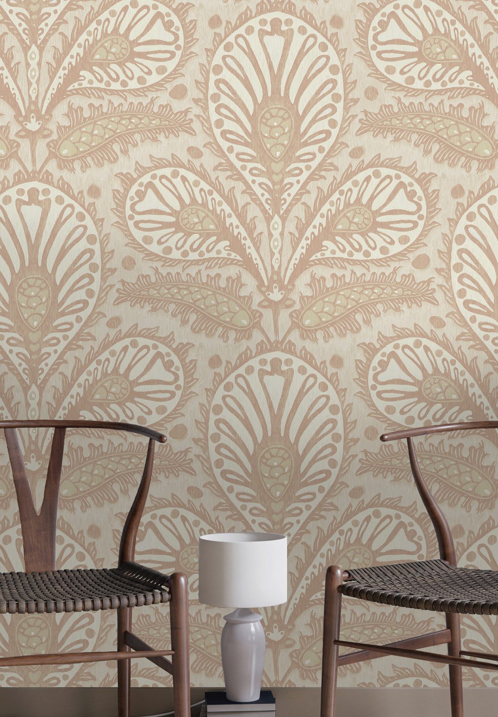 Josephine-Munsey-Ikat-clover-wallpaper-large-scale-ogee-shape-design-foliage-print-paisley-pattern-four-colour-print-Brown