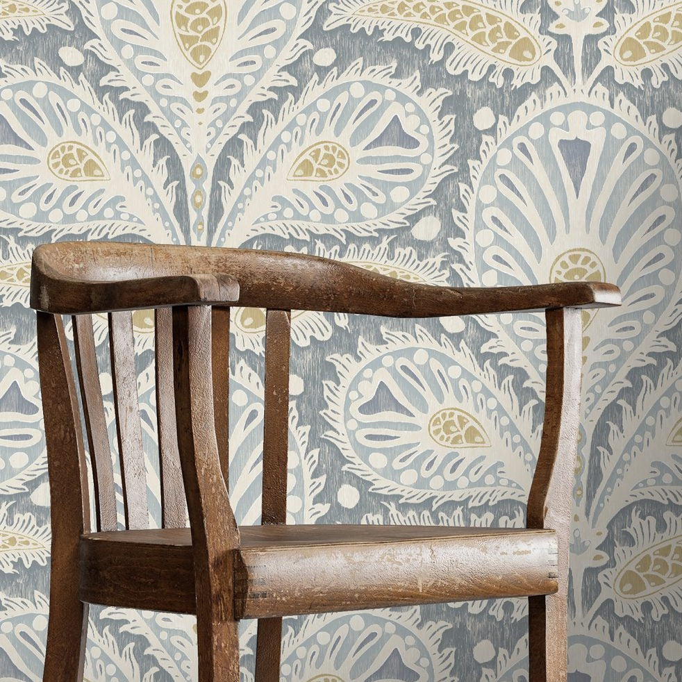 Josephine-Munsey-Ikat-clover-wallpaper-large-scale-ogee-shape-design-foliage-print-paisley-pattern-four-colour-print-blue-and-yellow  