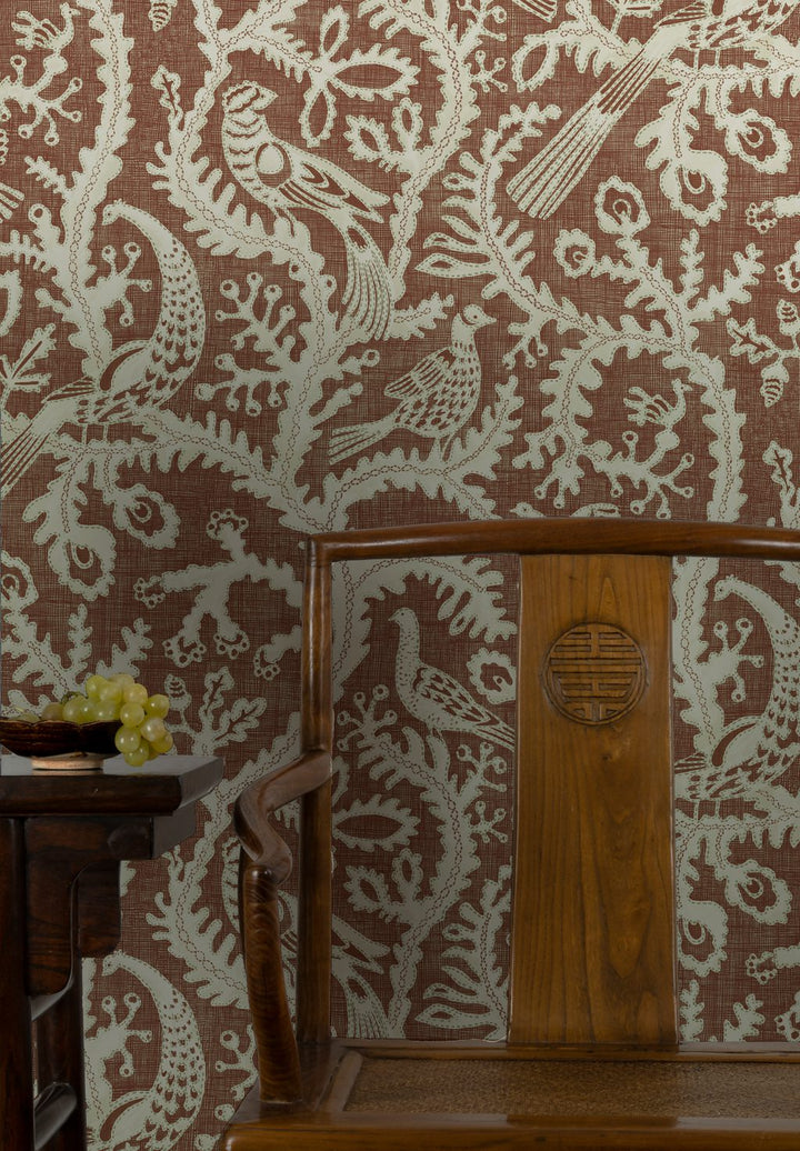 Josephine-munsey-wallpaper-stitched-birds-red-lace-effect-textile-background-linen-birds-folk-pattern-wallpaper