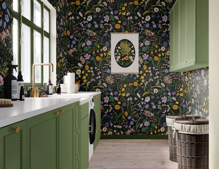 Studio-le-coq-the-lost-garden-wallpaper-ebony-black-base-bright-flowers-botanical-traditional-hand-drawn-illustration