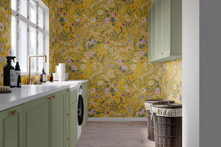 Studio-le-coc-the-lost-garden-wallpaper-India-yellow-chintz-inspired-woodland-british-botanical-wallpaper-pattern-hand-illustrated-floral-traditional-style-pattern