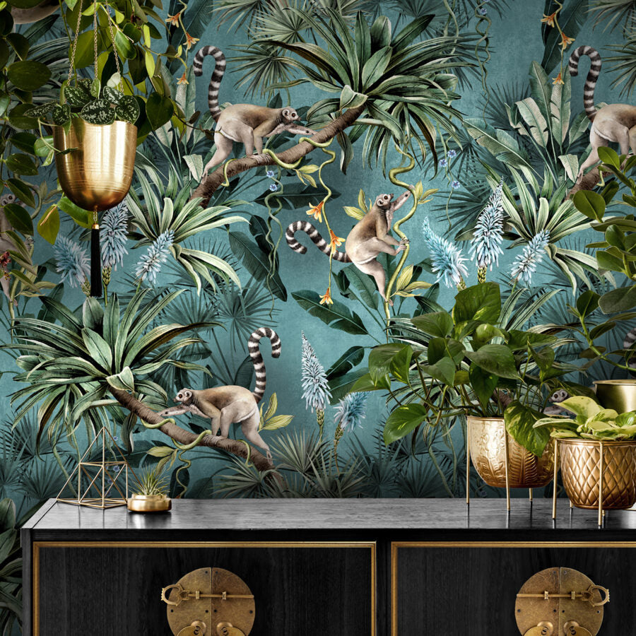 Avalana-leaping-lemurs-teal-wallpaper-Madagascar-scenes-jungle-fun-teal-backdrop-maximalist-wallpaper