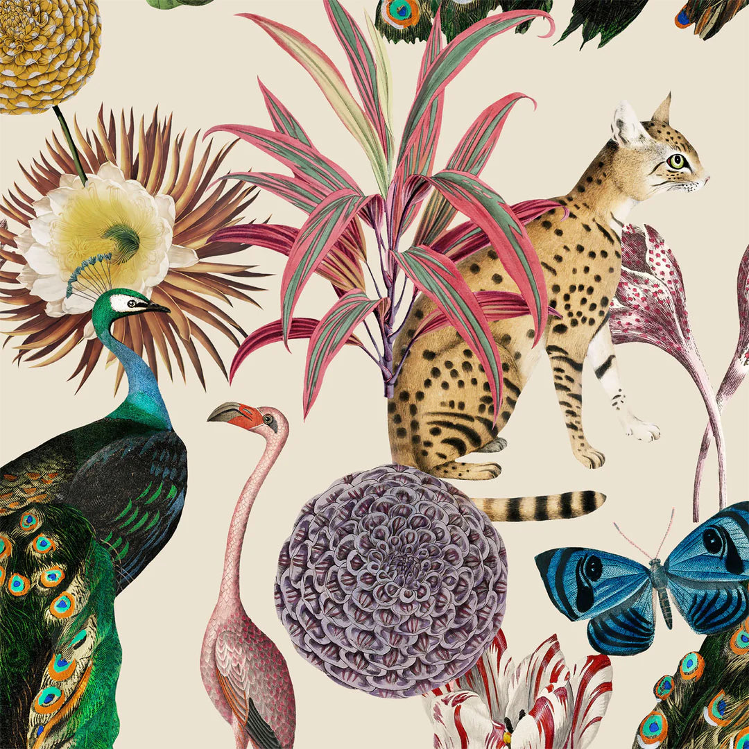 Tatie-Lou-Wallpaper-Les-Plumes-Exotic-tropical-maximalist-print-flamingos-birds-sphinx-topical-utopia-Ivory