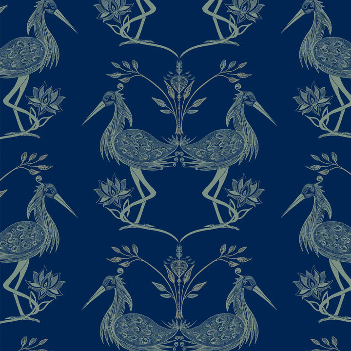 Tatie-Lou-Wallpaper-Lotus-Egyptian-blue-heron-crane-iconic-style-lotus-hand-painted-graphic-edge-repeat-Blue-teal
