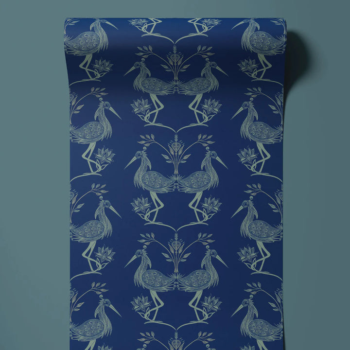 Tatie-Lou-Wallpaper-Lotus-Egyptian-blue-heron-crane-iconic-style-lotus-hand-painted-graphic-edge-repeat-Blue-teal