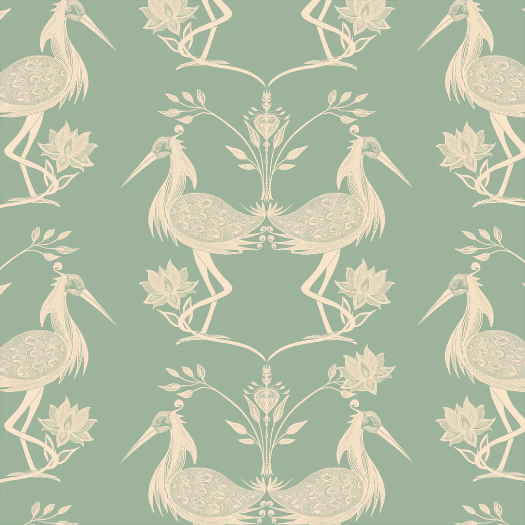 Tatie-lou-wallpaper-lotus-mint-herons-mirror-pattern-royal-birds-regal-cranes-wallpaper-traditional-mint-yellow