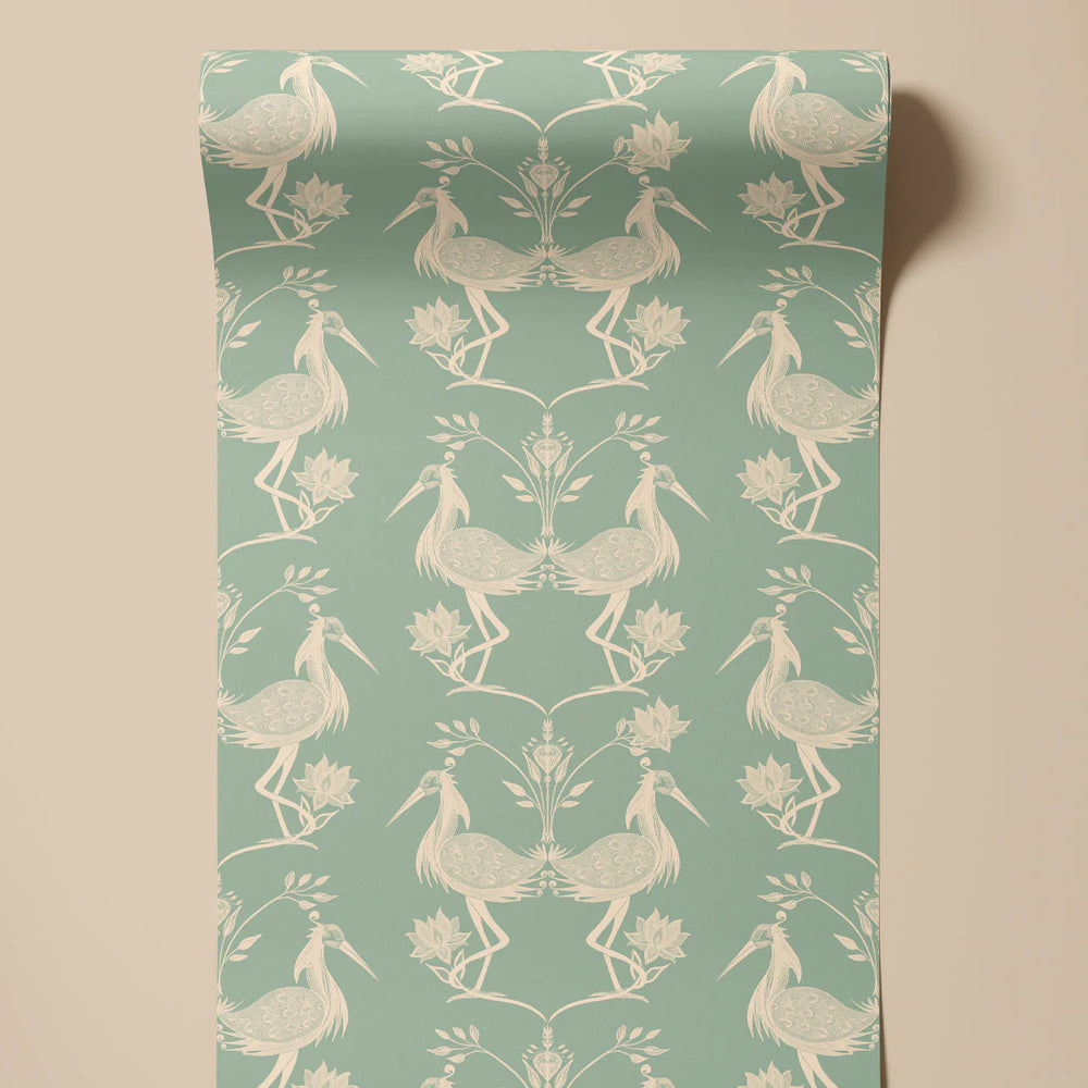 Tatie-lou-wallpaper-lotus-mint-herons-mirror-pattern-royal-birds-regal-cranes-wallpaper-traditional-mint-yellow