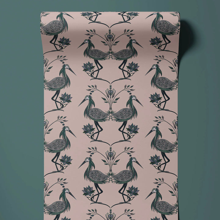 Tatie-lou-wallpaper-lotus-mint-herons-mirror-pattern-royal-birds-regal-cranes-wallpaper-traditional-salmon-pink-jade-green-print