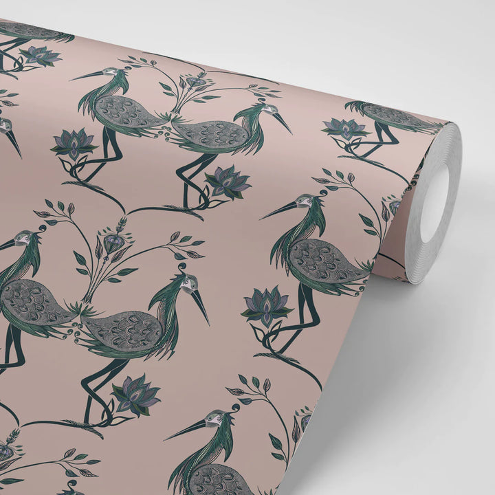 Tatie-lou-wallpaper-lotus-mint-herons-mirror-pattern-royal-birds-regal-cranes-wallpaper-traditional-salmon-pink-jade-green-print