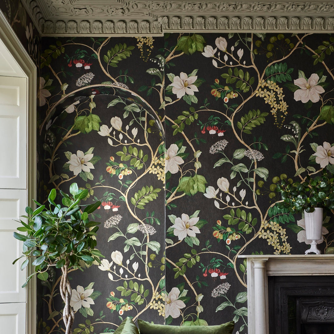 liberty-fabrics-wallpaper-botanical-atlas-collection-magical-plants-wallpaper-jade-black-floral-asian-inspired-design-floral-wallpaper-living-room