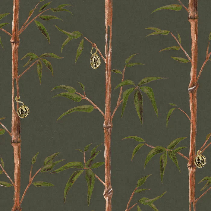 Poodle-and-Blond-wallpaper-Money-tree-hand-painted-design-original-artwork-coins-on-bamboo-stalks-leaves-money-grown-on-trees-forest-dark-green-background