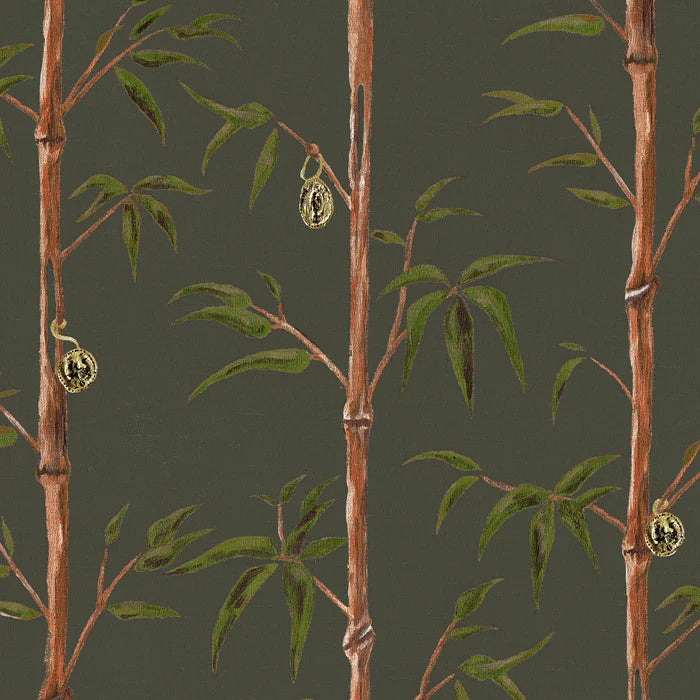 Poodle-and-Blond-wallpaper-Money-tree-hand-painted-design-original-artwork-coins-on-bamboo-stalks-leaves-money-grown-on-trees-forest-dark-green-background