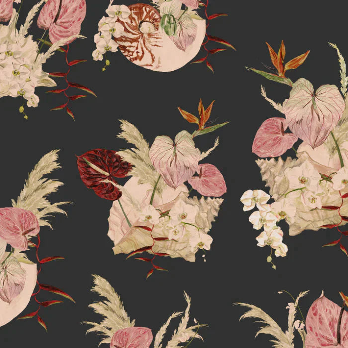 poodle-and-blonde-wallpaper-mazzo-70's-floral-blousy-print-orchids-pampas-grass-pink-cream-black-Nero