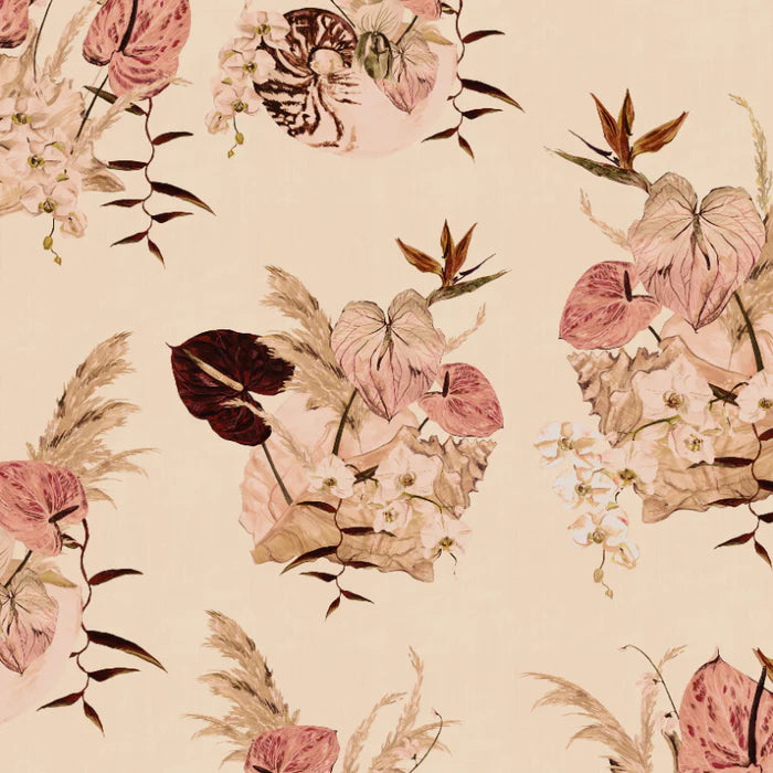poodle-and-blonde-wallpaper-mazzo-70's-floral-blousy-print-orchids-pampas-grass-pink-cream-orange-Rosa