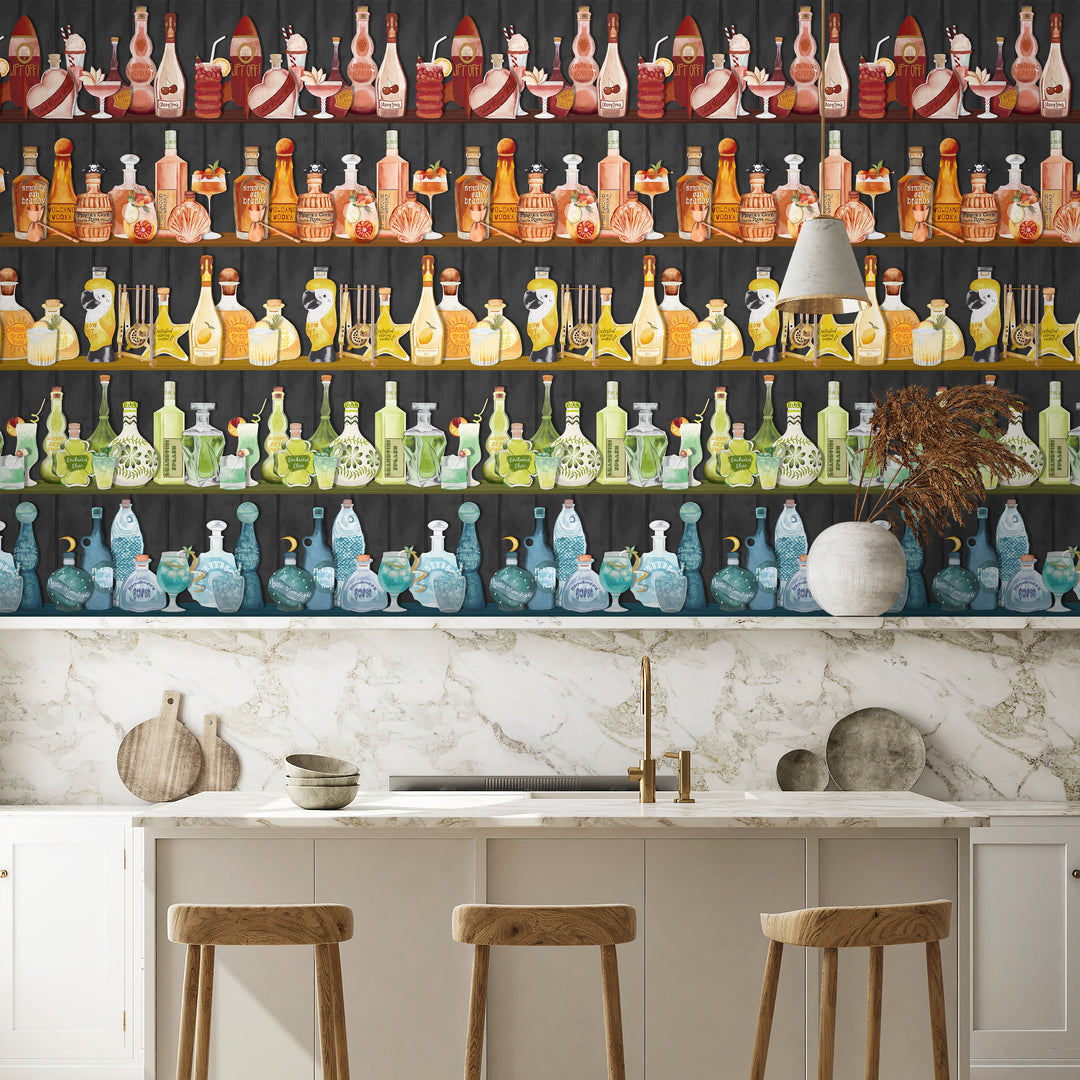 Brand-Mckenzie-Paper-paradise-mixology-wallpaper-cocktail-bar-rows-bottle-colourful-cut-glass-backdrop-black-ebony