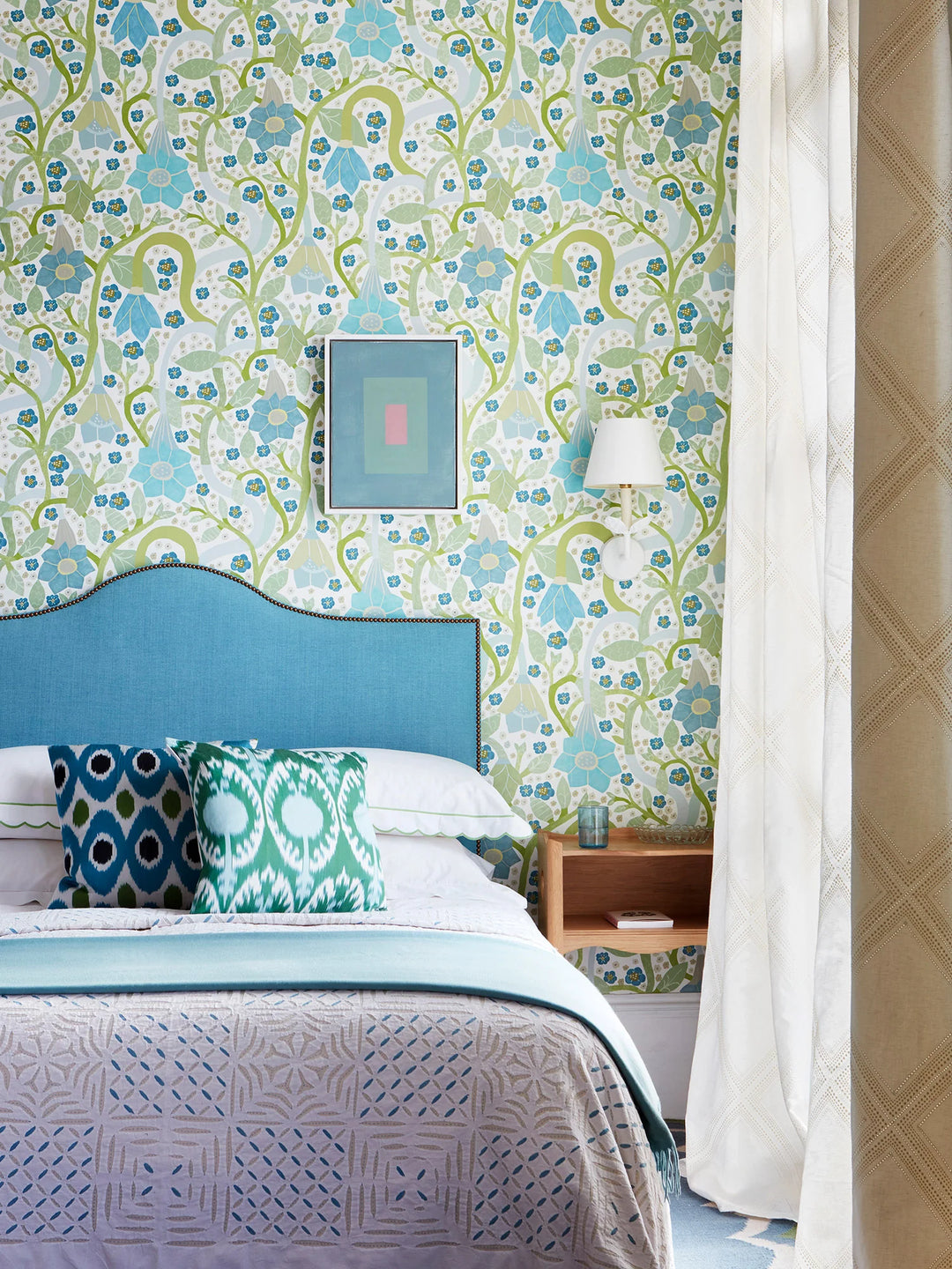 floral-spring-vine-wallpaper-bedroom-blue-headboard