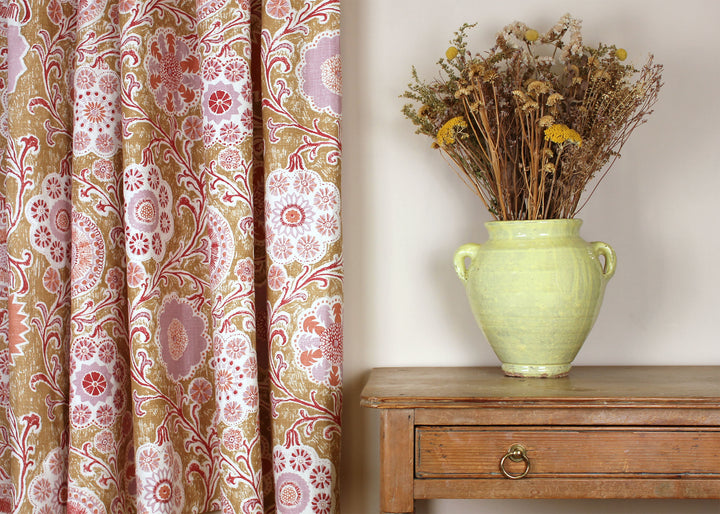 ellen-merchant-nomad-linen-bazaar-pink-mustard-yellow-rust-red-curtain-blind-fabric-linen-block-printed-british-textile-design