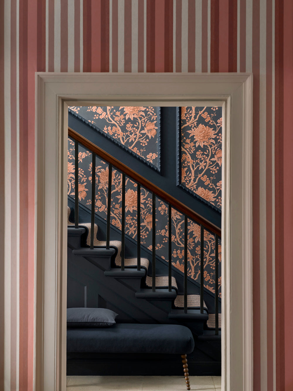 Liberty-botanical-atlas-obi-stripe-wallpaper-coral-lacquer-white-red-hallway
