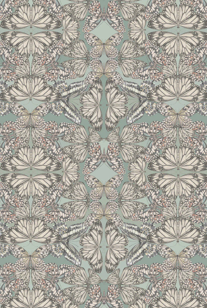 Victoria-Sanders-wallpaper-Papilio-eau-de-Nil-kaleiscopic-illision-hand-drawn-butterflies-calm-palette-pink-coral