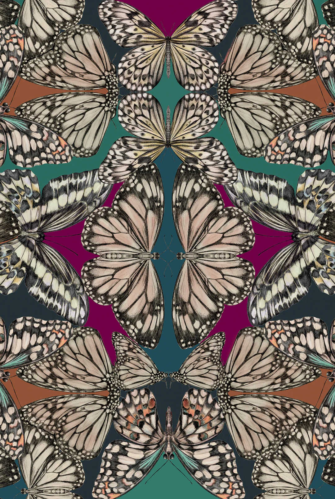 Victoria-Sanders-collection-kaleidoscopic-illusion-wallpaper-hand-drawn-butterflies-jewel-tones-magenta-turquiose-petrol-sienna