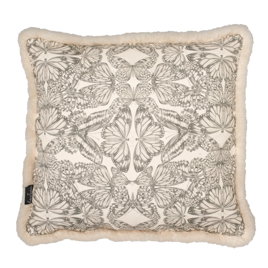 Victoria-sanders-Papilio-parchment-medium-fringed-linen-oyster-cushion-charcoal-drawn-butterflies-linen-backgrownd-cream-fringed 